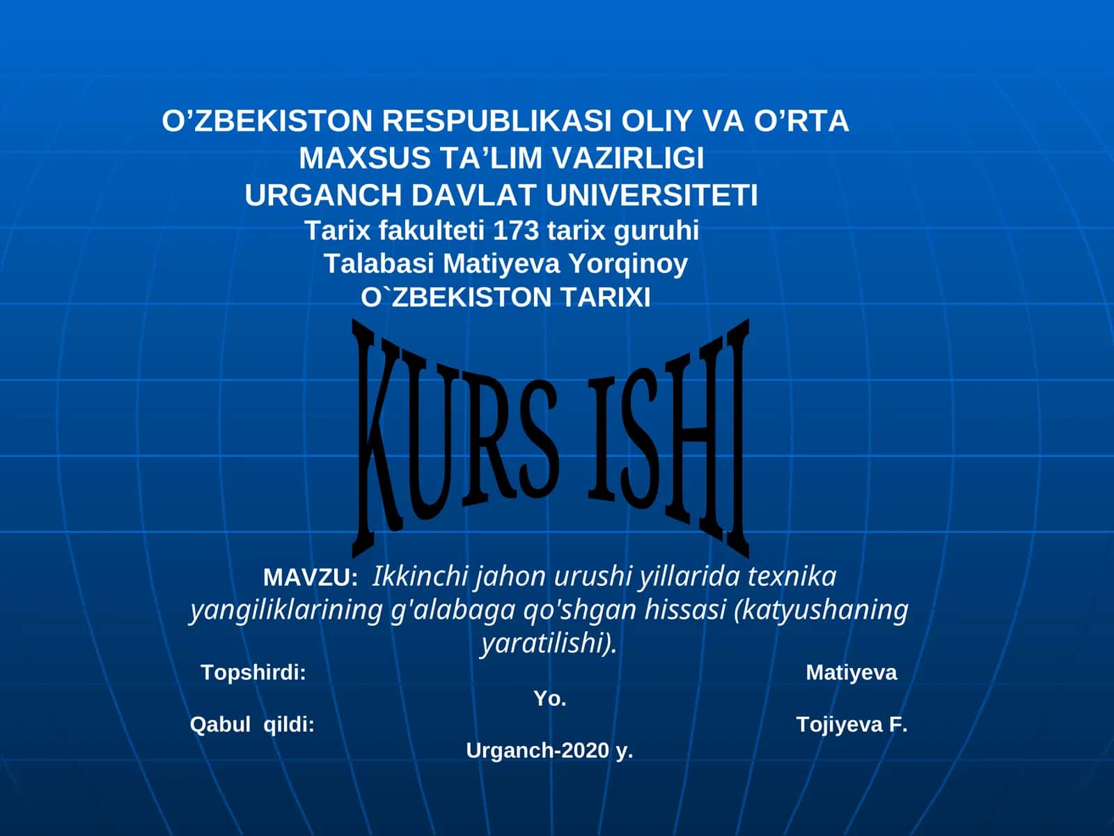 Ikkinchi jahon urushi yillarida texnika yangiliklarining g'alabaga qo'shgan hissasi (katyushaning yaratilishi) 1