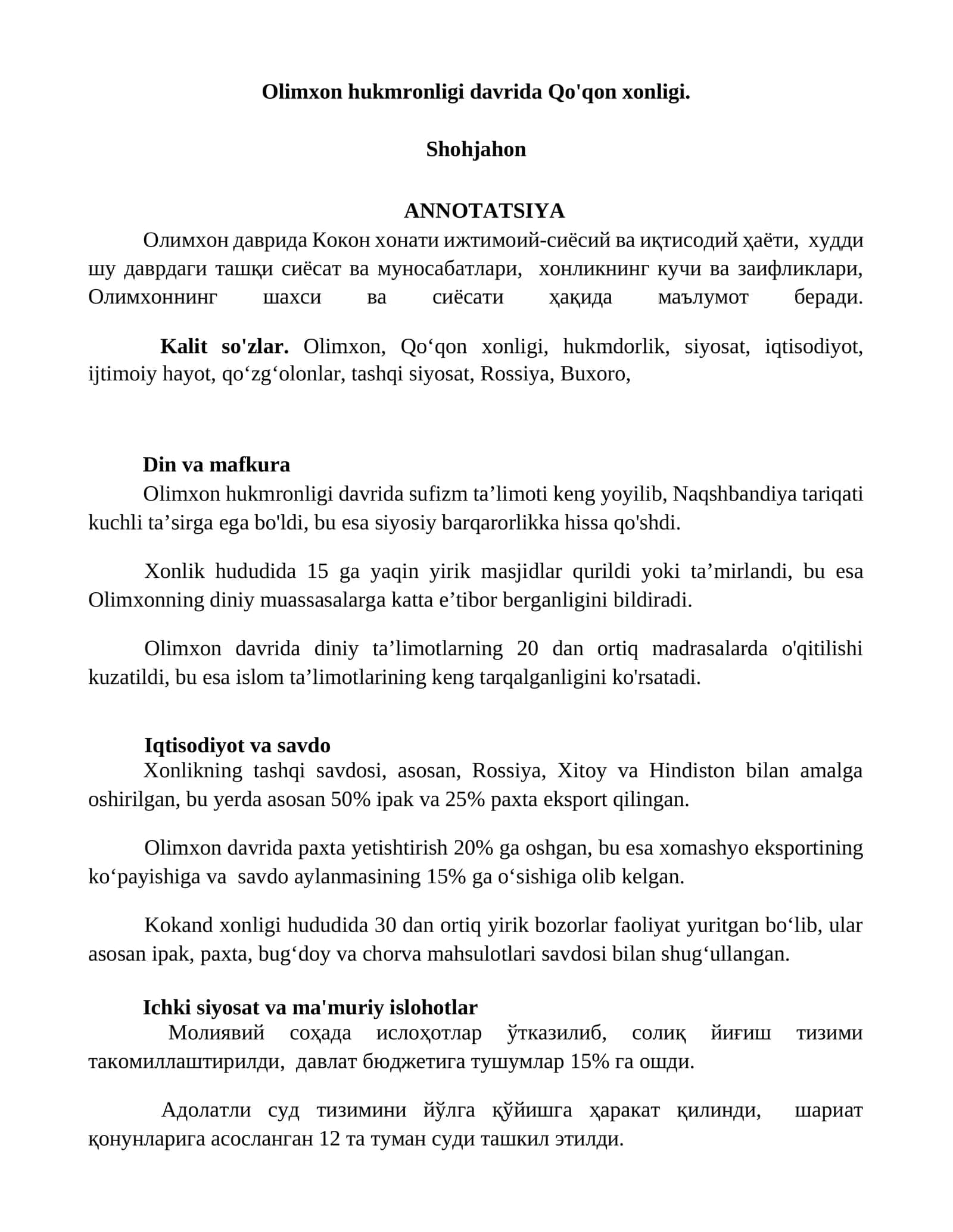 Olimxon hukmronligi davrida Qo'qon xonligi 1