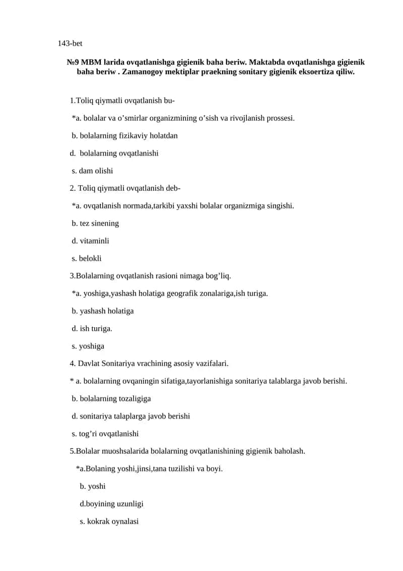 MBM larida ovqatlanishga gigienik baha beriw. Maktabda ovqatlanishga gigienik baha beriw 1