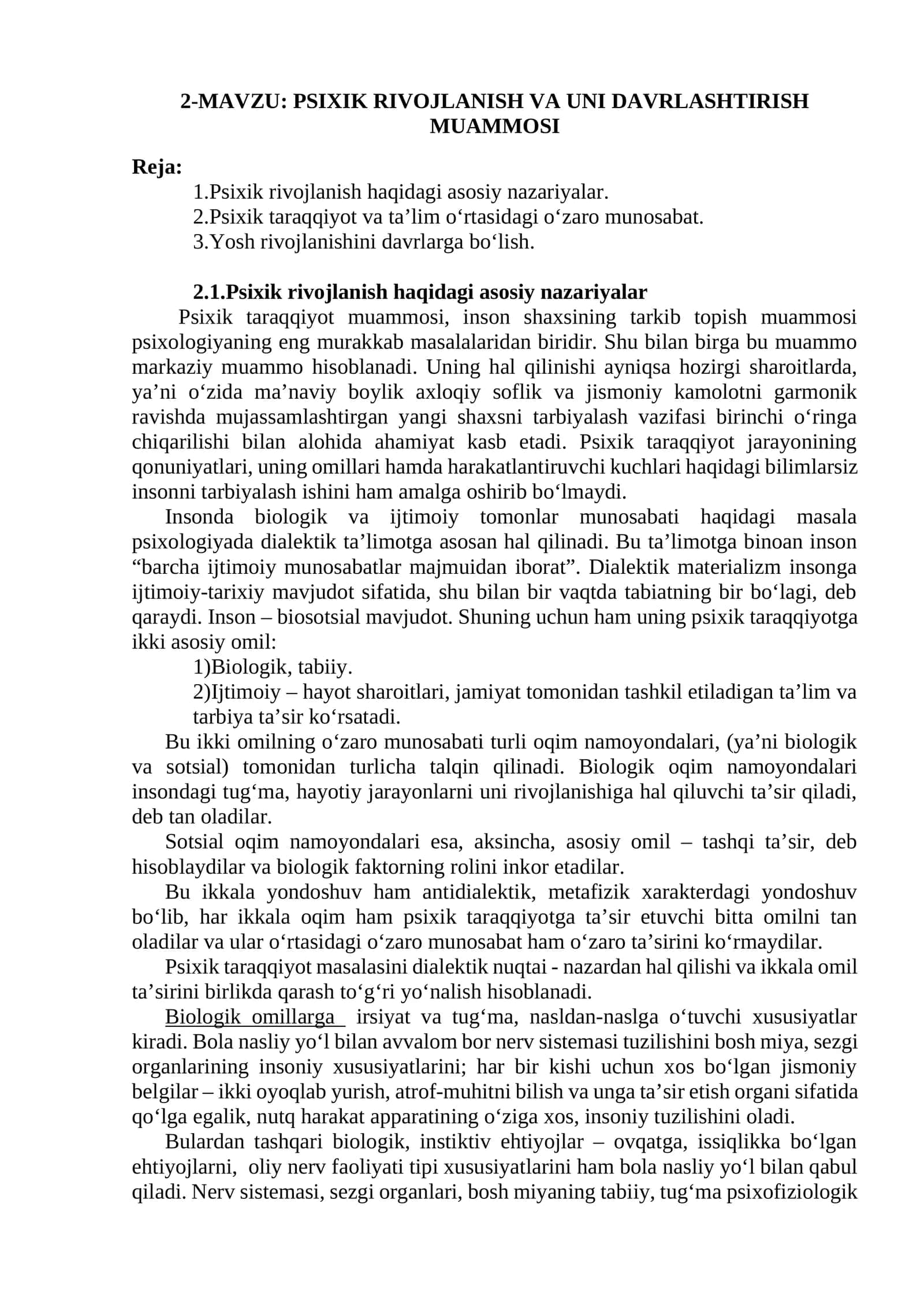 PSIXIK RIVOJLANISH VA UNI DAVRLASHTIRISH MUAMMOSI 1