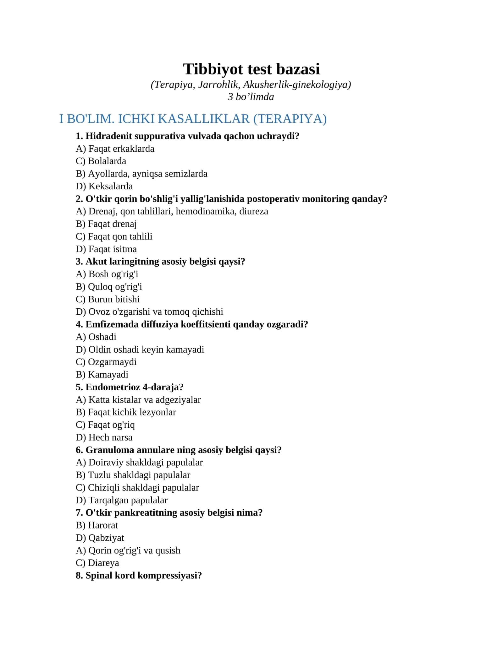 Tibbiyot test bazasi 1