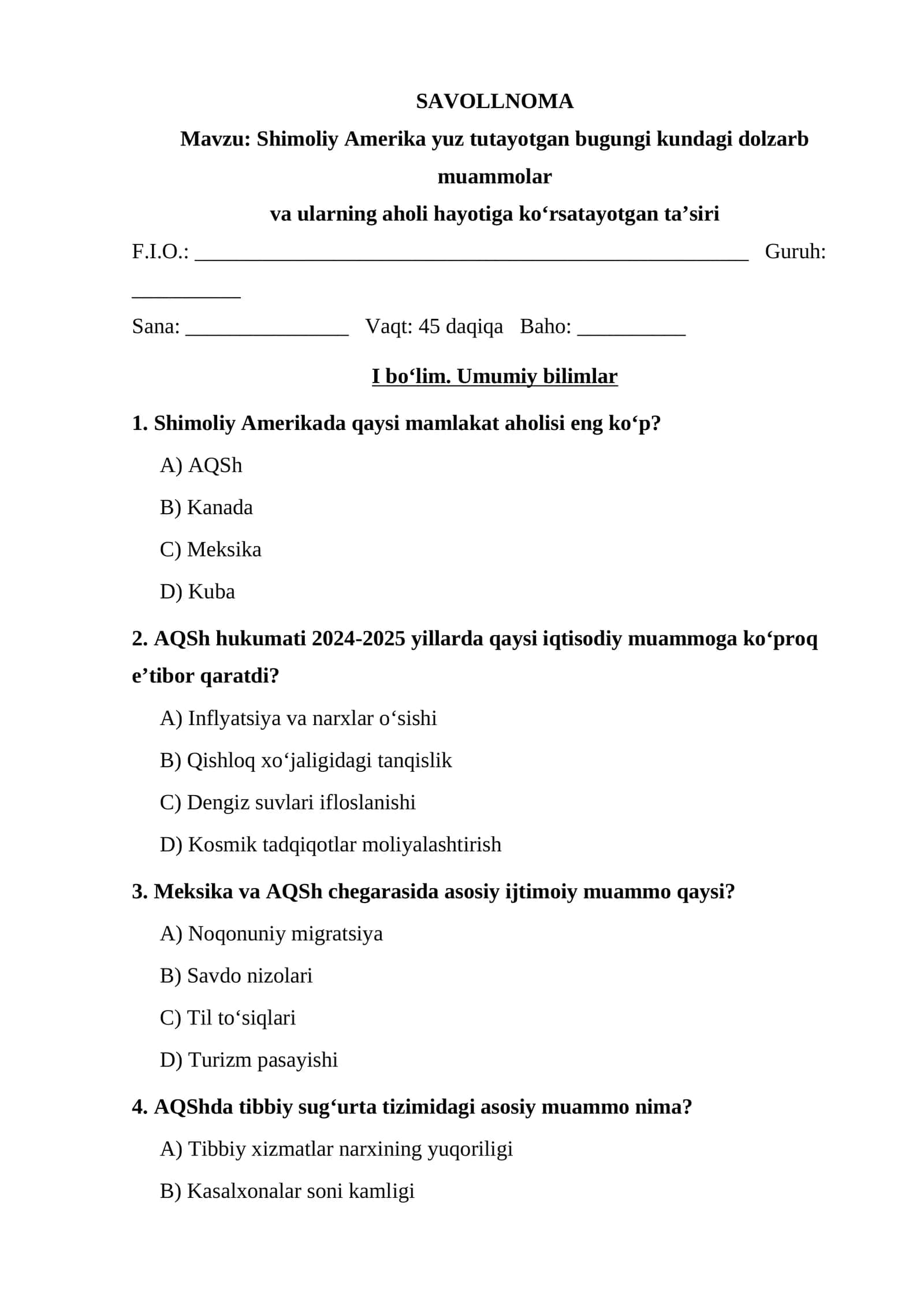 Shimoliy Amerika yuz tutayotgan bugungi kundagi dolzarb muammolar savolnoma. 1