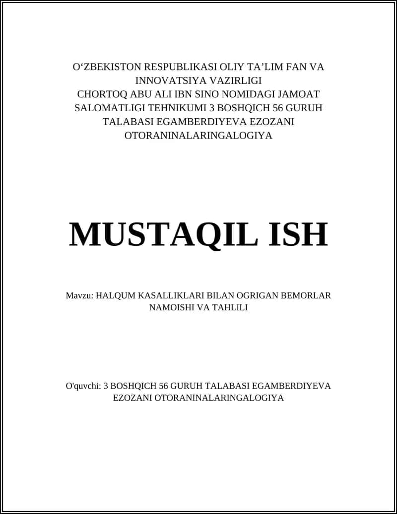 HALQUM KASALLIKLARI BILAN OGRIGAN BEMORLAR NAMOISHI VA TAHLILI 1