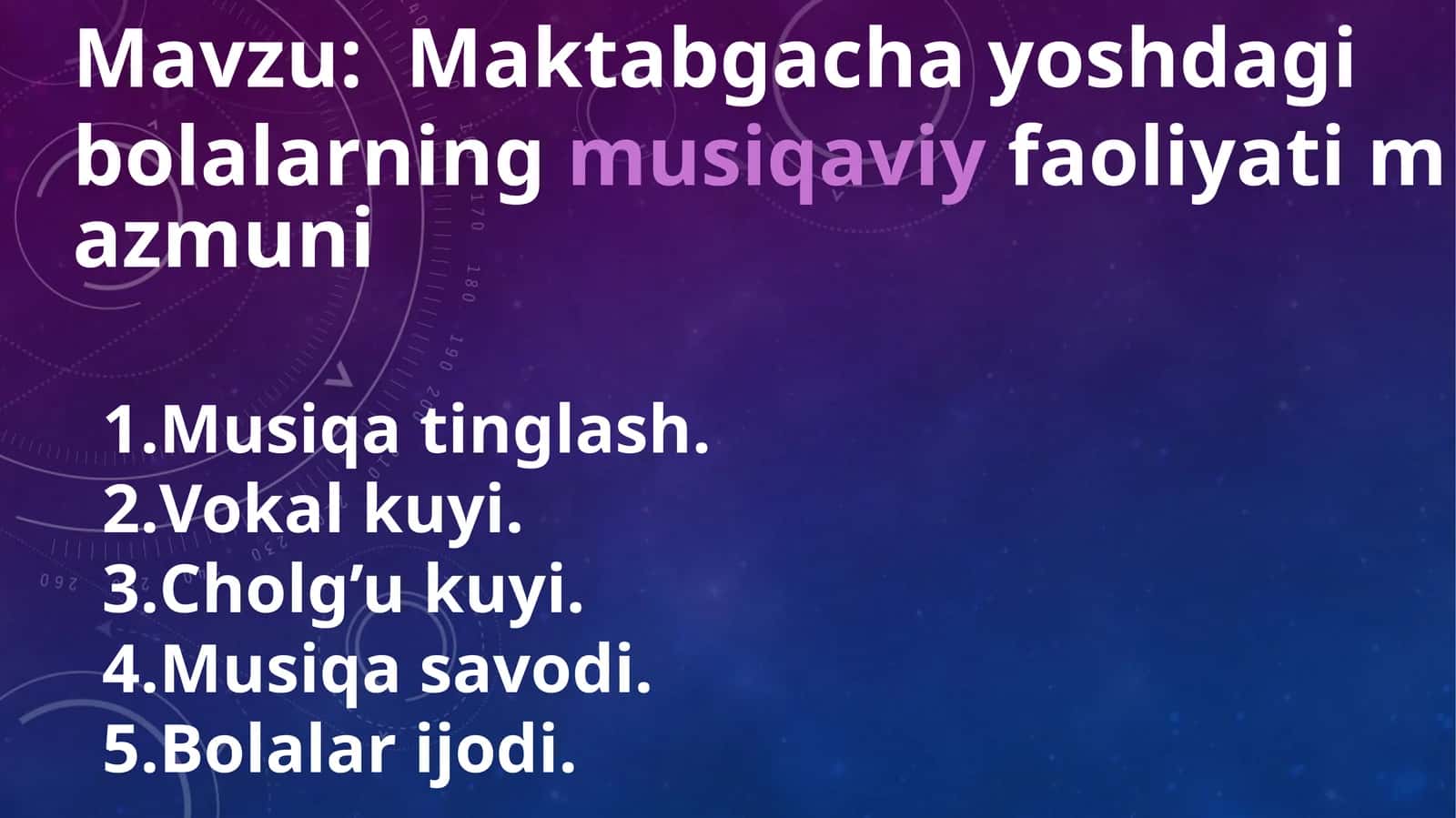 Maktabgacha yoshdagi bolalarning musiqaviy faoliyati mazmuni 1