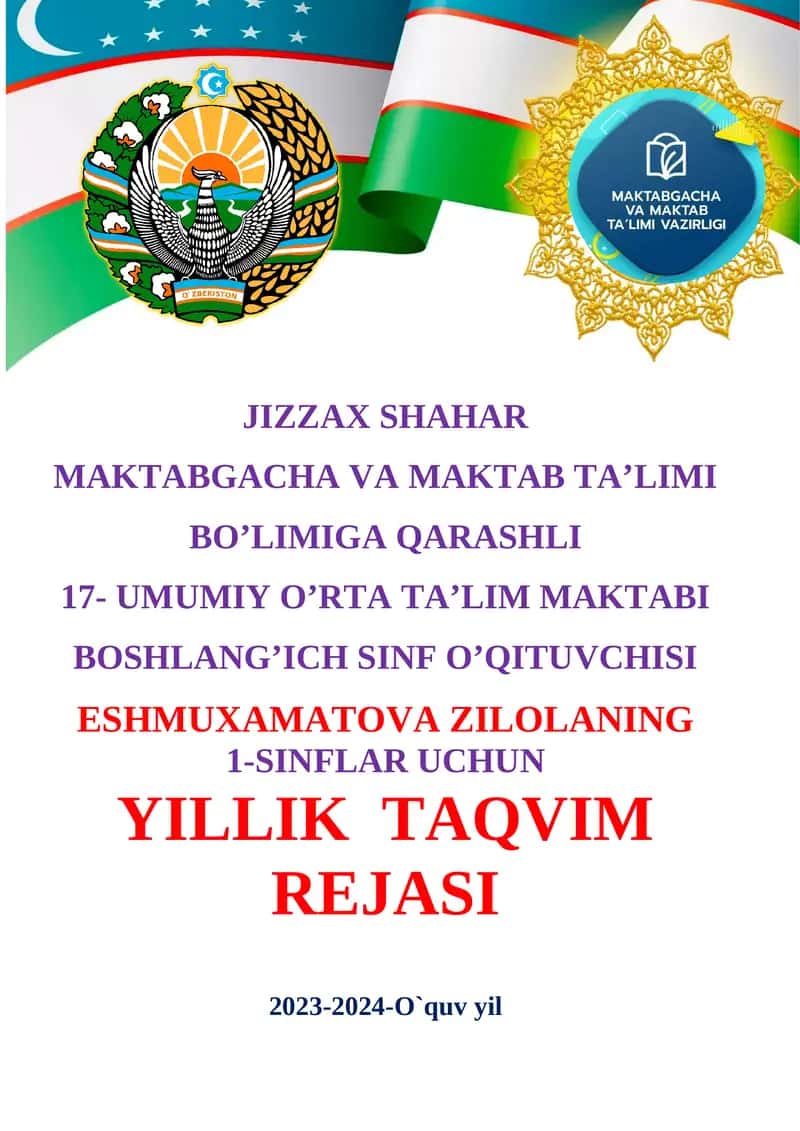 1-SINF ALIFBE FANIDAN TAQVIM REJA 1