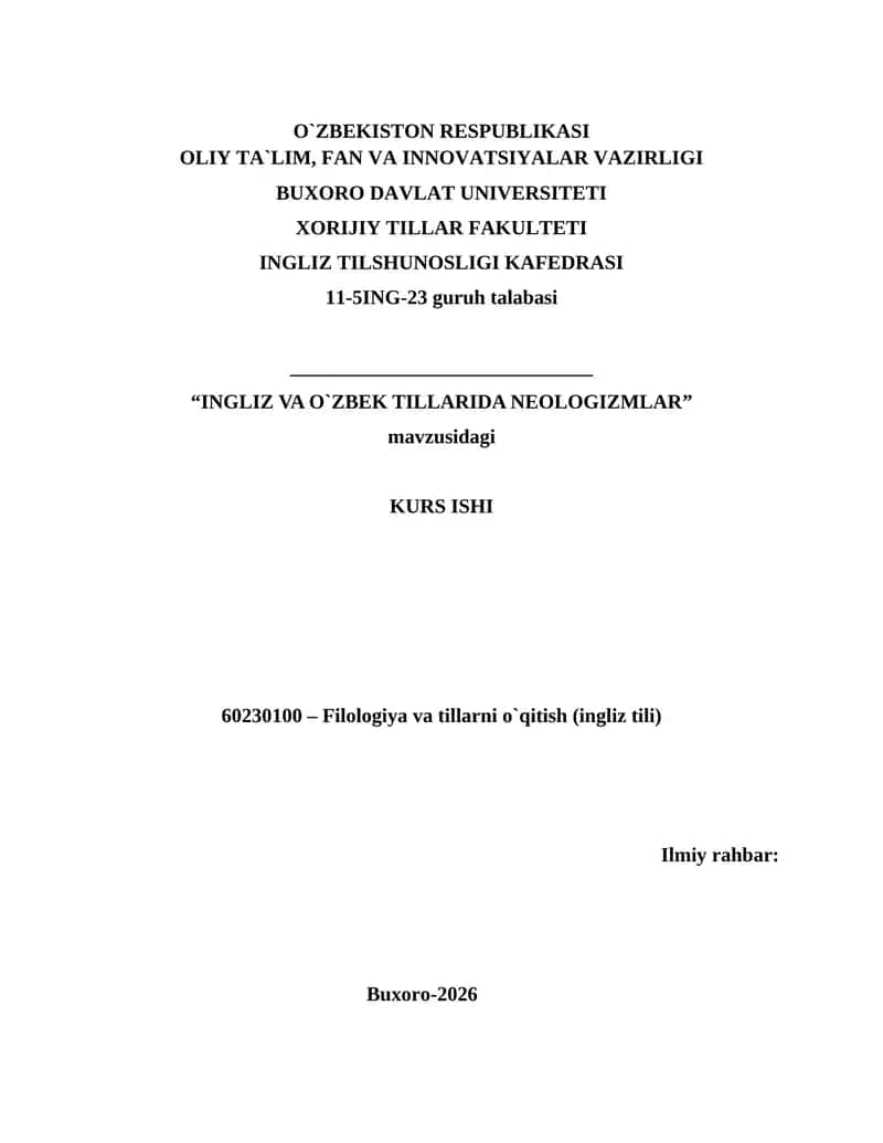 INGLIZ VA O`ZBEK TILLARIDA NEOLOGIZMLAR 1