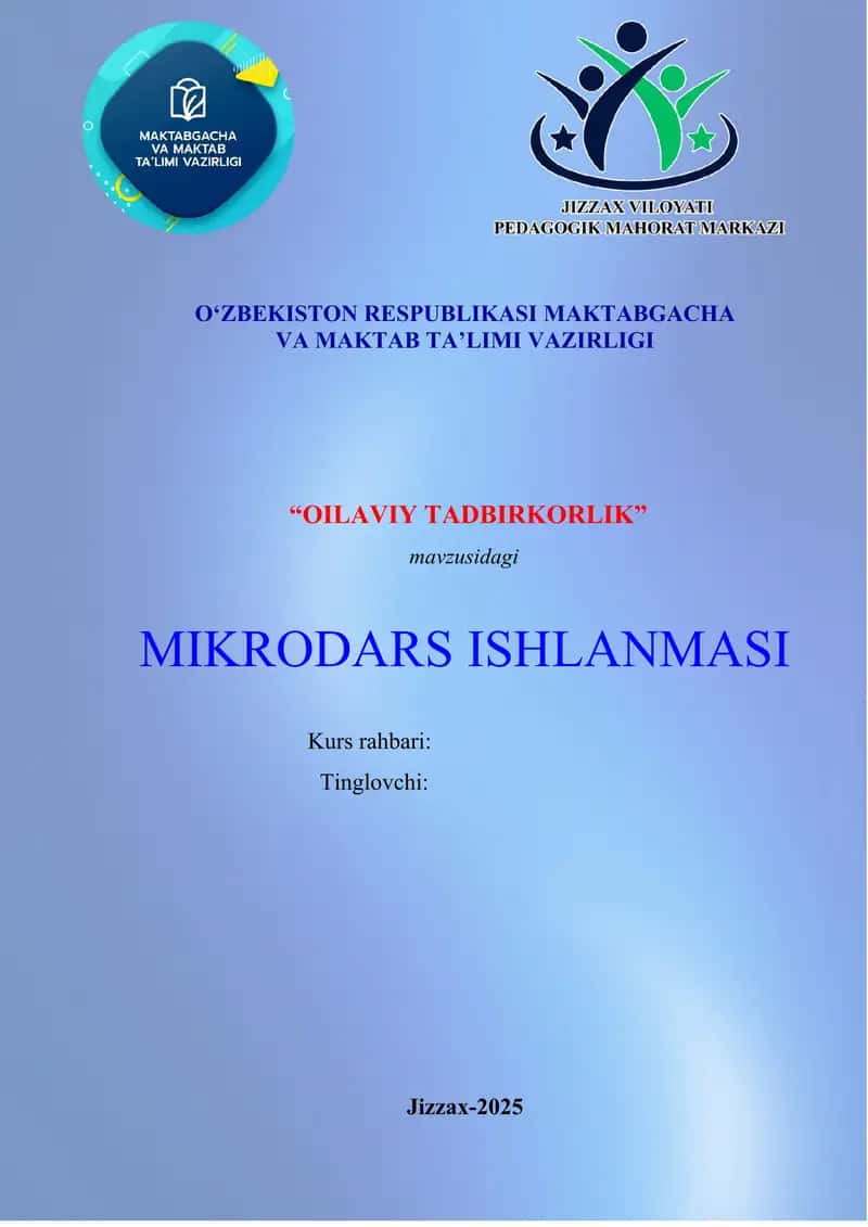 OILAVIY TADBIRKORLIK dars ishlanma 1