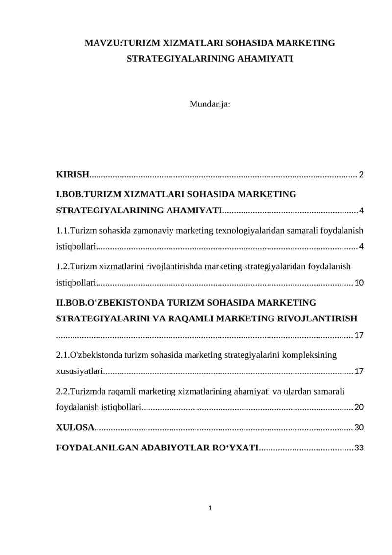 TURIZM XIZMATLARI SOHASIDA MARKETING STRATEGIYALARINING AHAMIYATI 1