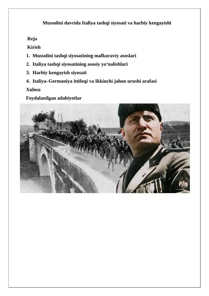 Mussolini davri Italiya tashqi siyosati va harbiy kengayishi 1