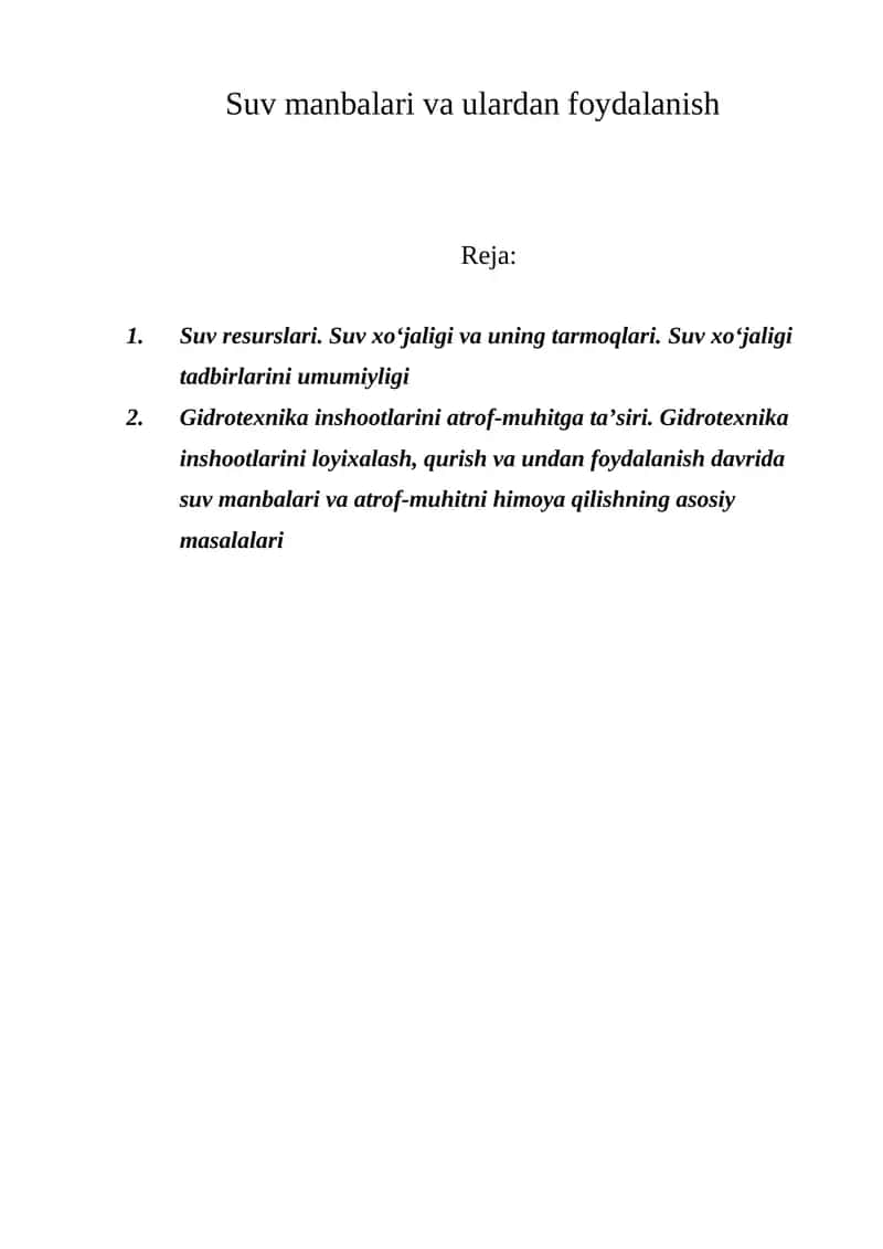 Suv manbalari va ulardan foydalanish 1