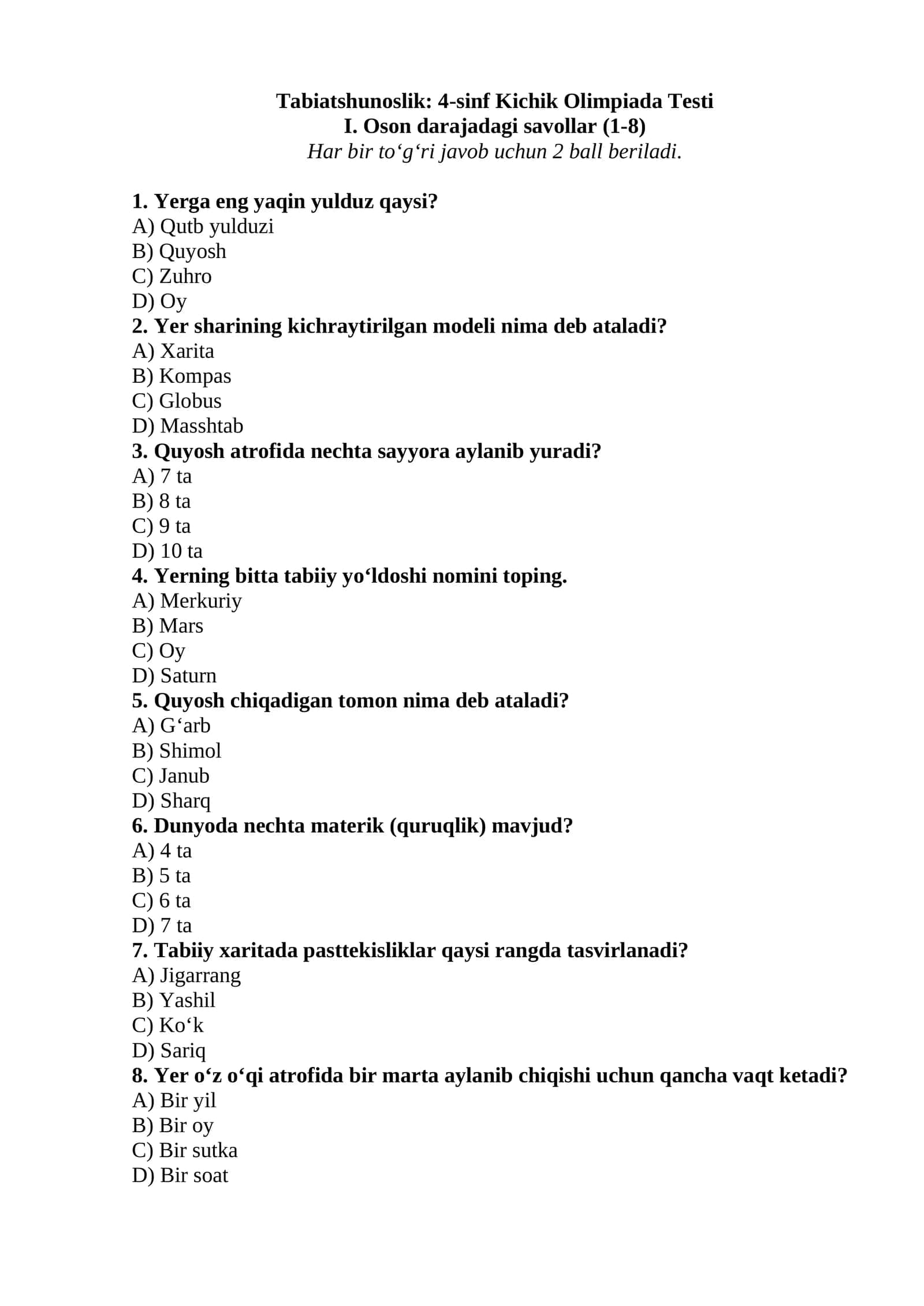 Tabiatshunoslik: 4-sinf Kichik Olimpiada Testi 1