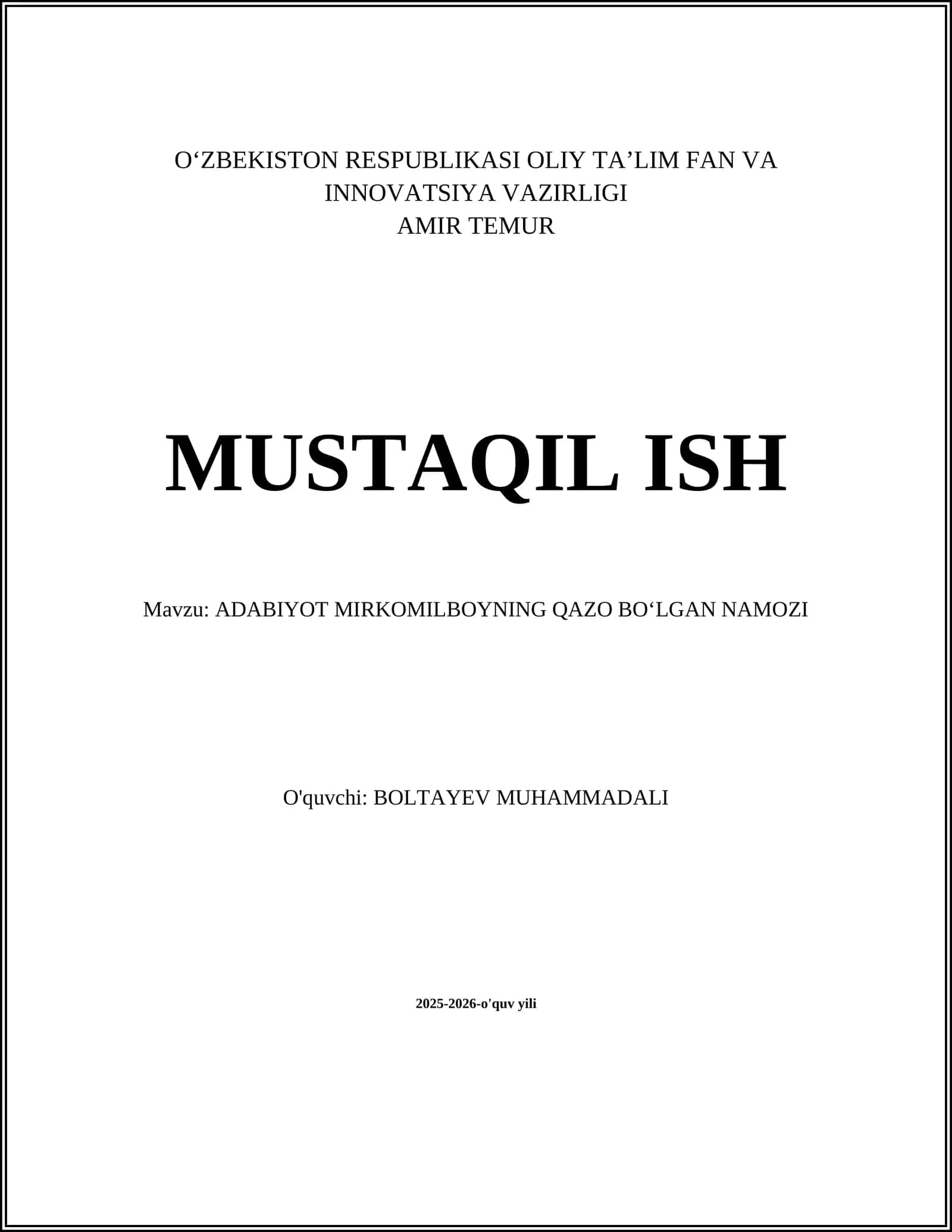 MIRKOMILBOYNING QAZO BOʻLGAN NAMOZI 1
