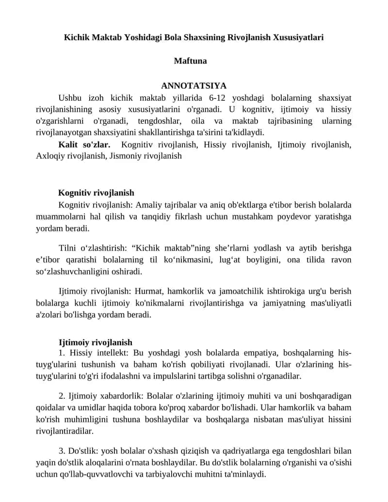Kichik Maktab Yoshidagi Bola Shaxsining Rivojlanish Xususiyatlari 1