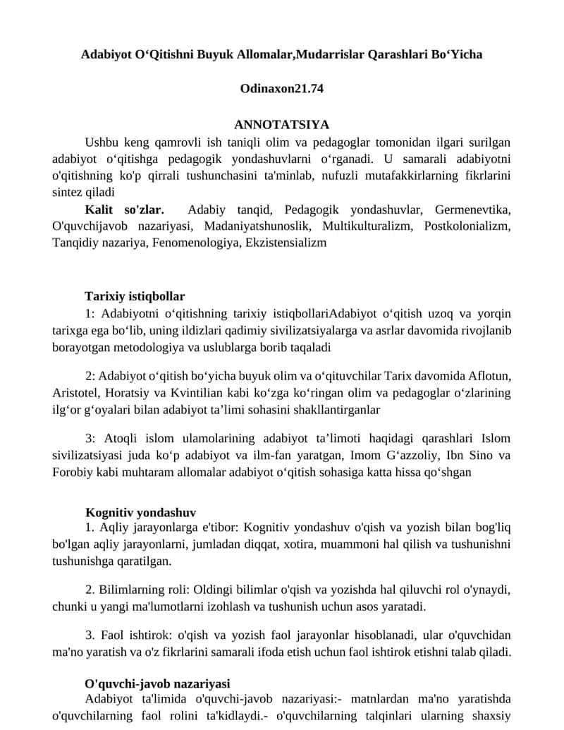 Adabiyot OʻQitishni Buyuk Allomalar,Mudarrislar Qarashlari BoʻYicha 1