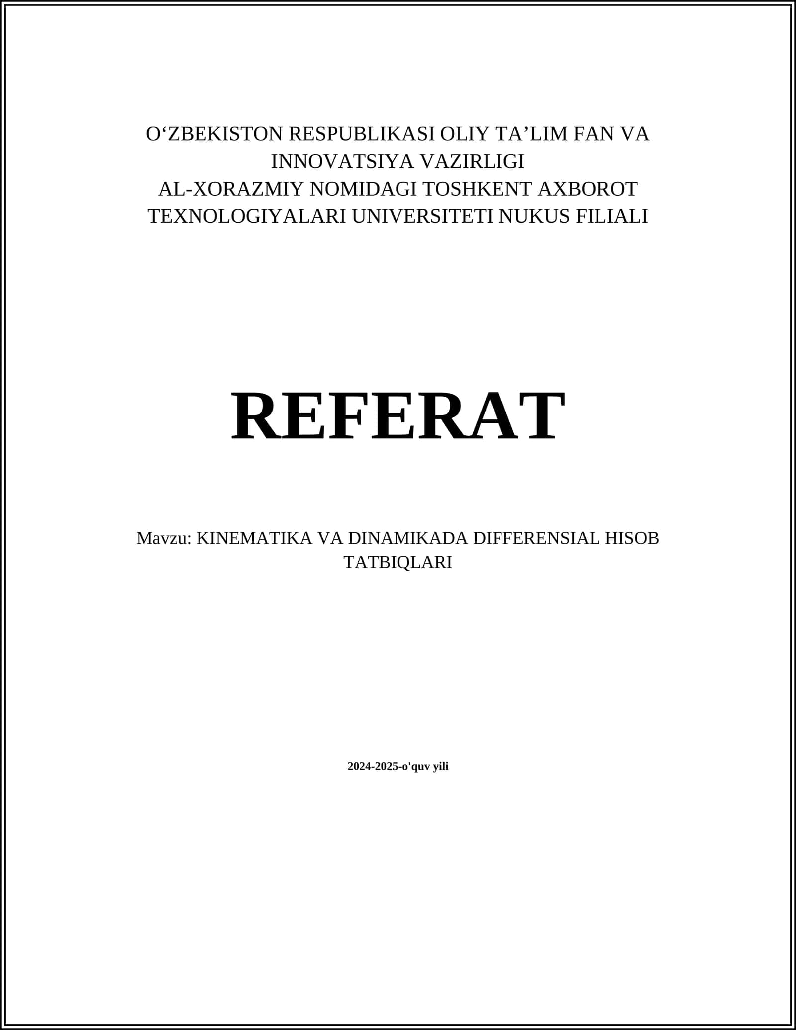 KINEMATIKA VA DINAMIKADA DIFFERENSIAL HISOB TATBIQLARI 1