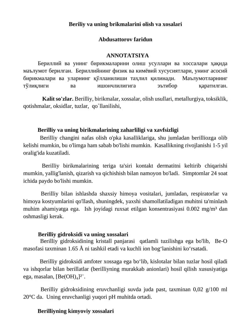 Beriliy va uning brikmalarini olish va xosalari 1