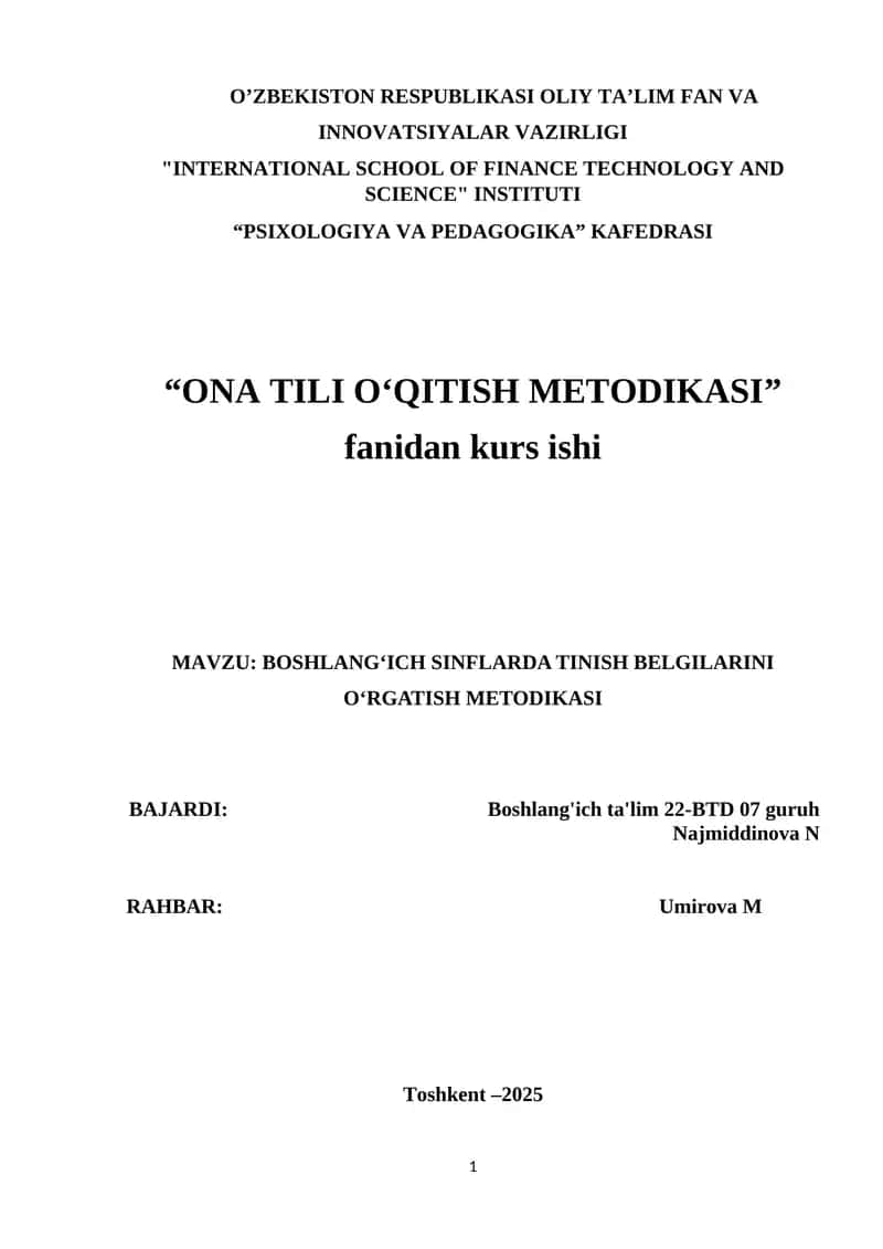 BOSHLANGʻICH SINFLARDA TINISH BELGILARINI OʻRGATISH METODIKASI...... 1
