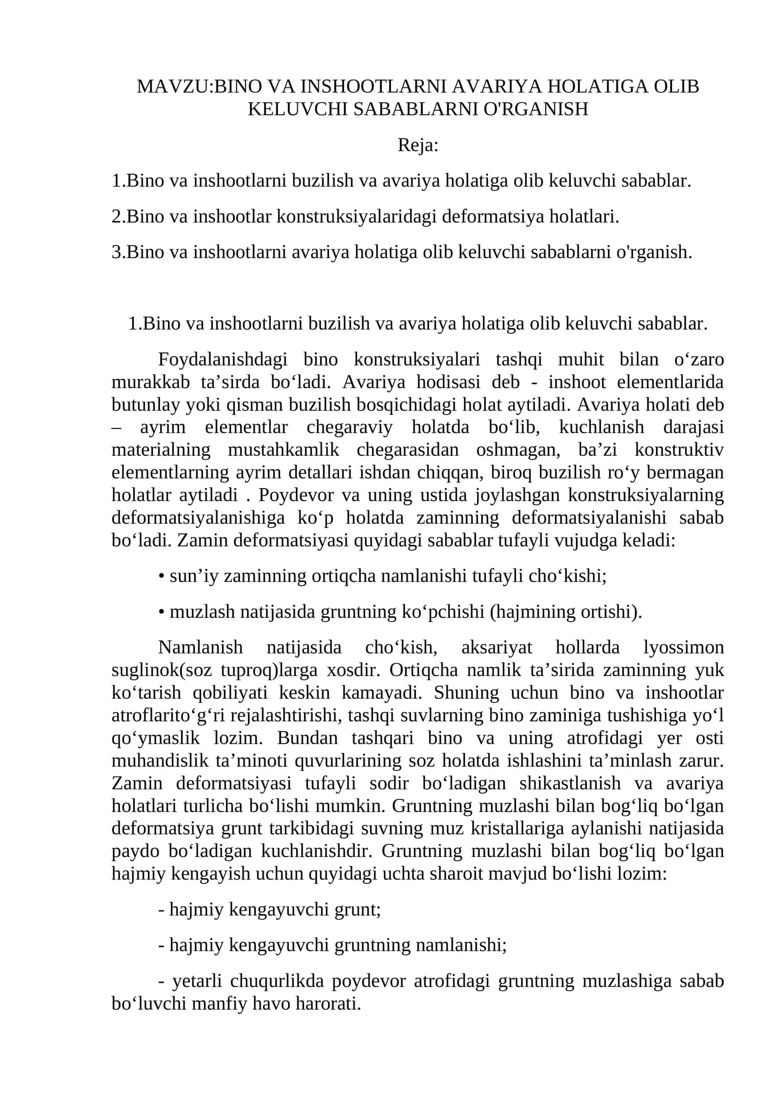 BINO VA INSHOOTLARNI AVARIYA HOLATIGA OLIB KELUVCHI SABABLARNI O'RGANISH 1