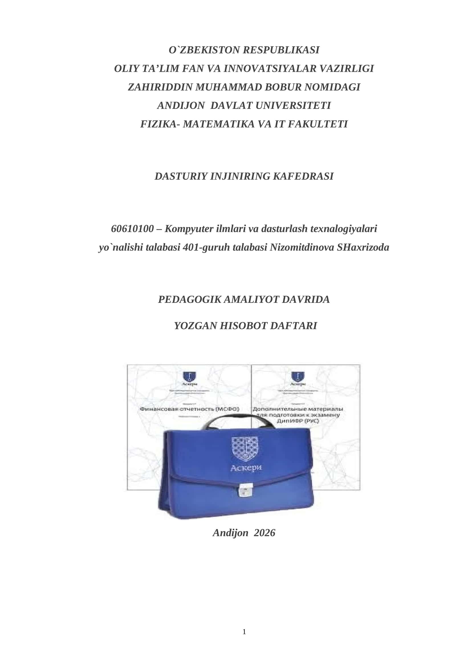 PEDAGOGIK AMALIYOT DAVRIDA YOZGAN HISOBOT DAFTARI 1