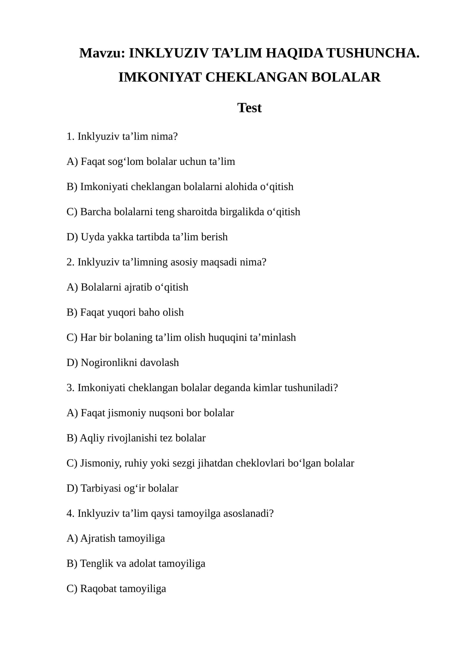 INKLYUZIV TA’LIM HAQIDA TUSHUNCHA. IMKONIYAT CHEKLANGAN BOLALAR 1