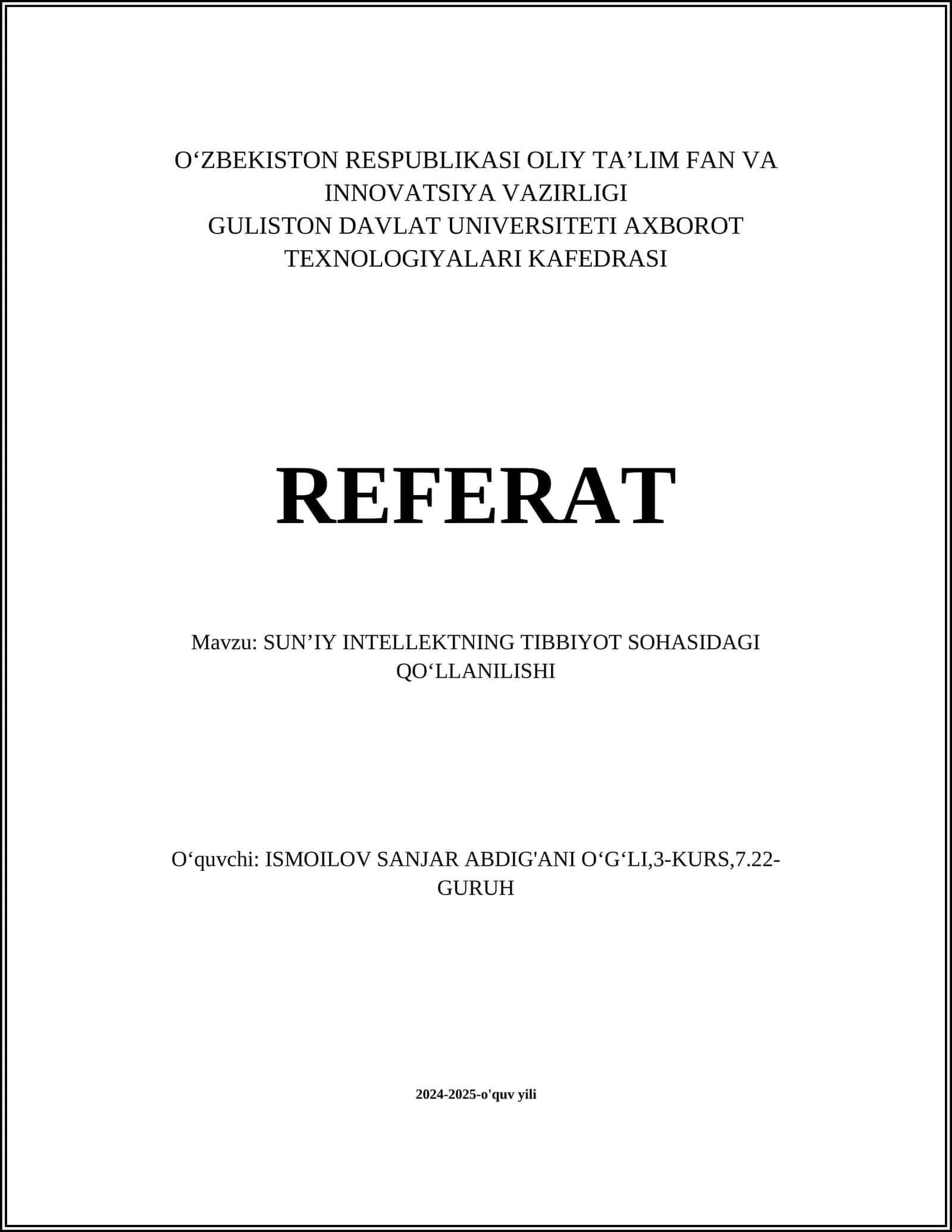 SUN’IY INTELLEKTNING TIBBIYOT SOHASIDAGI QO‘LLANILISHI 1