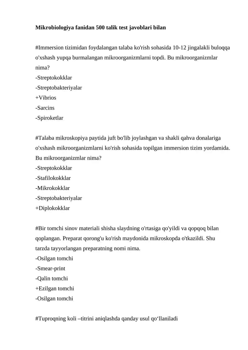 Mikrobiologiya fanidan 500 talik test javoblari bilan 1
