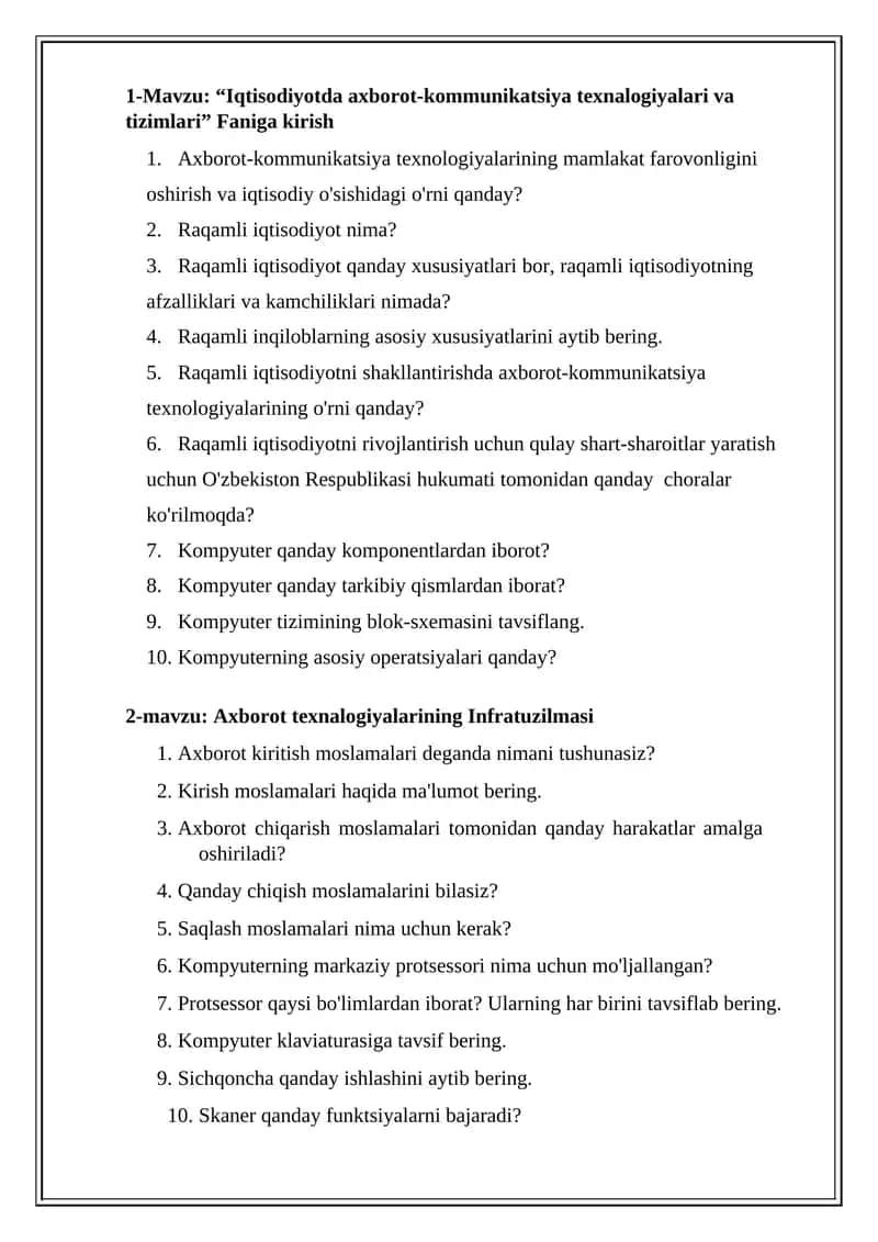 Axborot texnalogiyalarining Infratuzilmasi 1