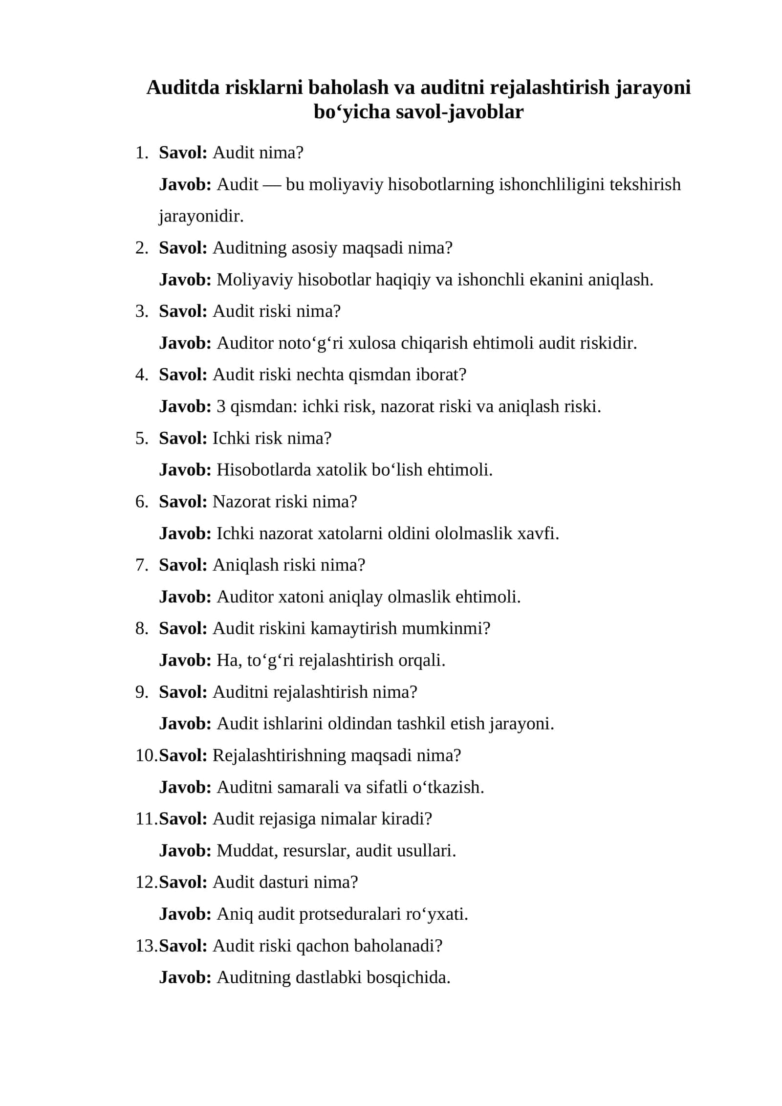 Auditda risklarni baholash va auditni rejalashtirish jarayoni bo‘yicha savol-javoblar 1