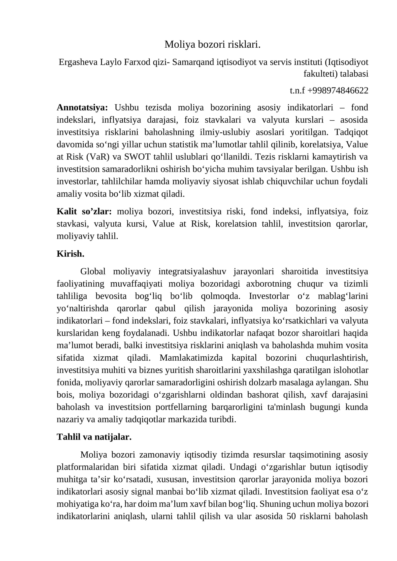 Maqalo: Moliya bozori risklari. 1