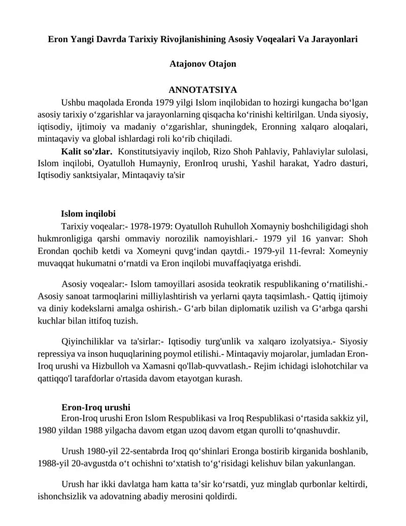 Eron Yangi Davrda Tarixiy Rivojlanishining Asosiy Voqealari Va Jarayonlari 1