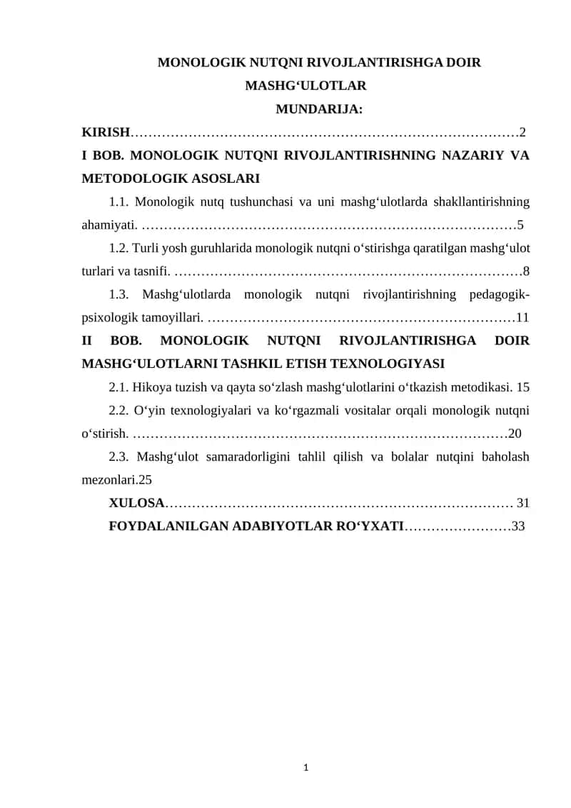 MONOLOGIK NUTQNI RIVOJLANTIRISHGA DOIR MASHG‘ULOTLAR 1