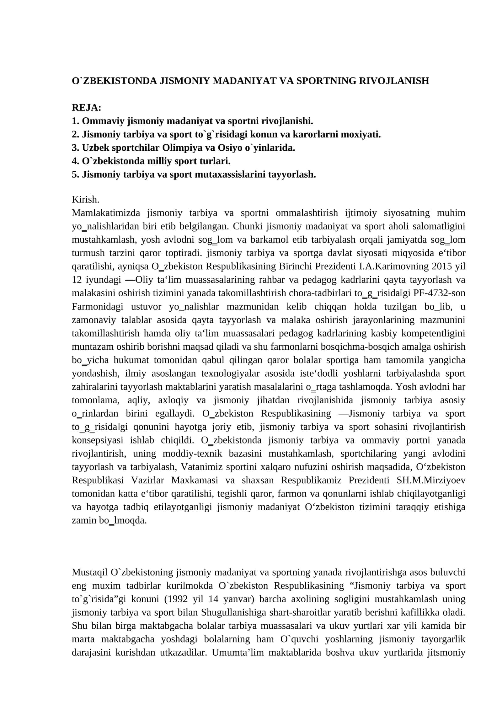 O`ZBEKISTONDA JISMONIY MADANIYAT VA SPORTNING RIVOJLANISH 1
