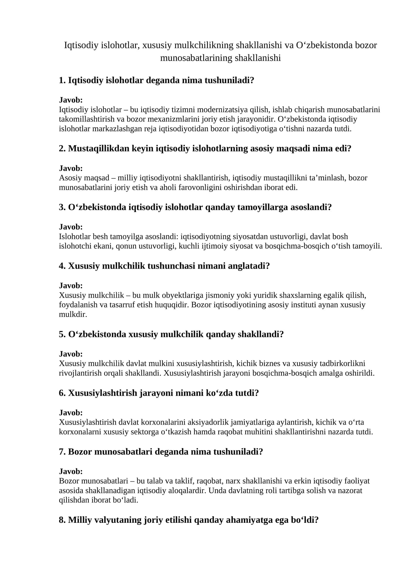 Iqtisodiy islohotlar, xususiy mulkchilikning shakllanishi va O‘zbekistonda bozor munosabatlarining shakllanishi 1