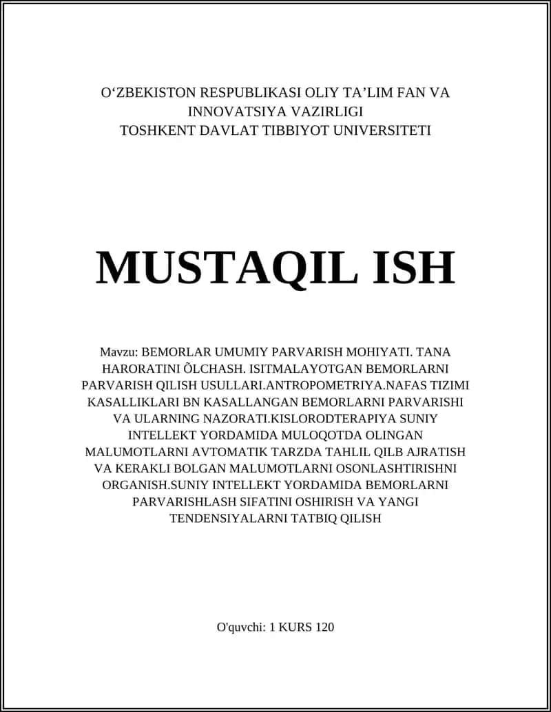 BEMORLAR UMUMIY PARVARISH MOHIYATI 1