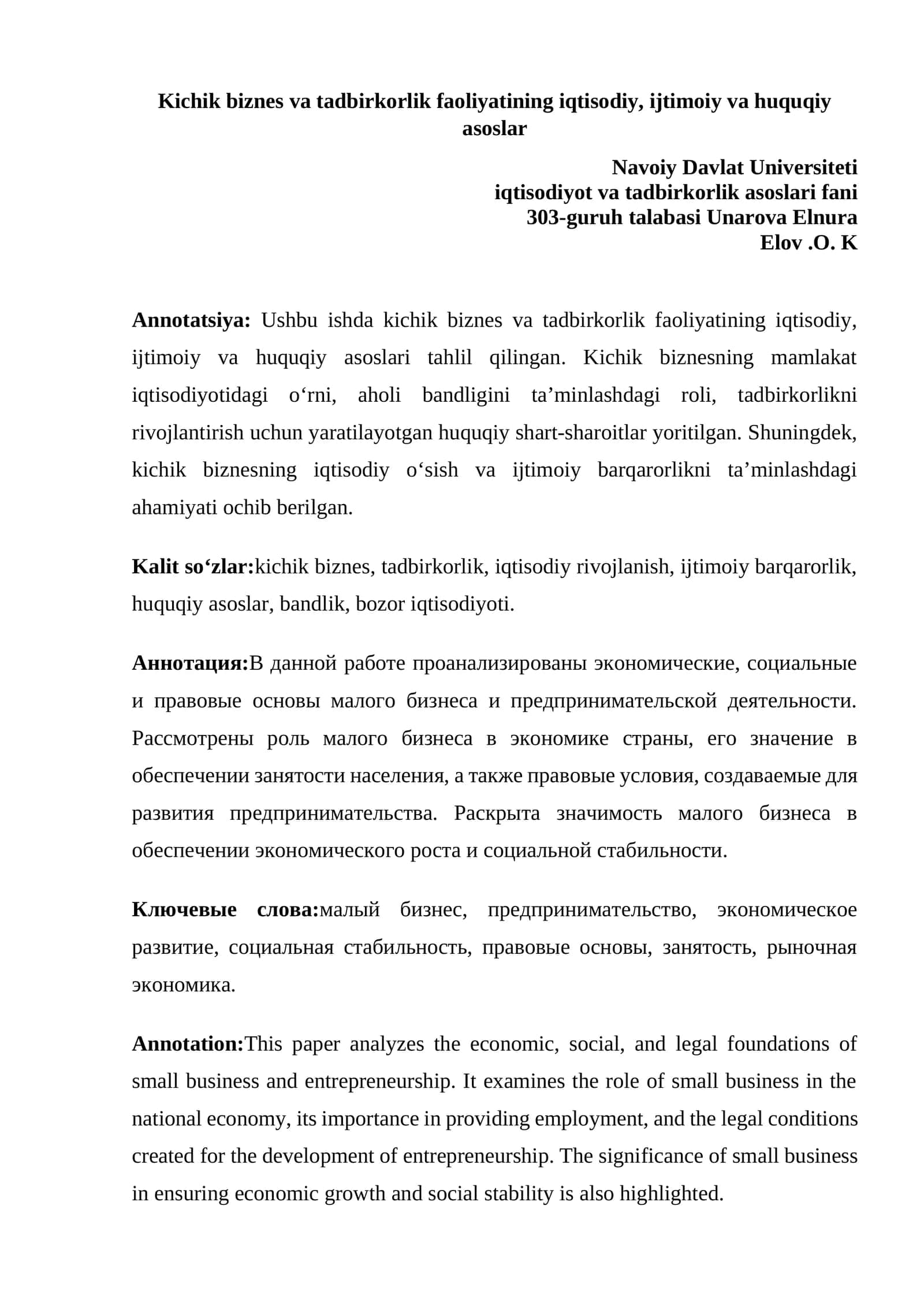 Kichik biznes va tadbirkorlik faoliyatining iqtisodiy, ijtimoiy va huquqiy asoslar 1