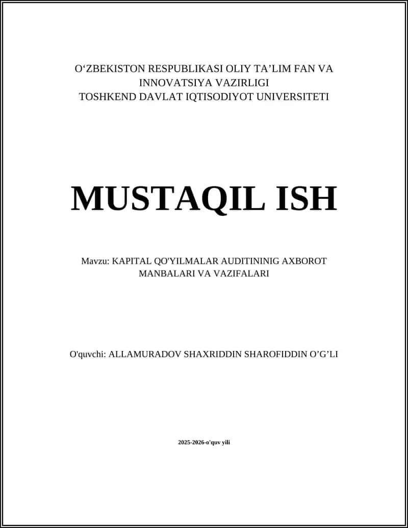 Kapital Qo'yilmalar Auditining Axborot Manbalari va Vazifalari 1