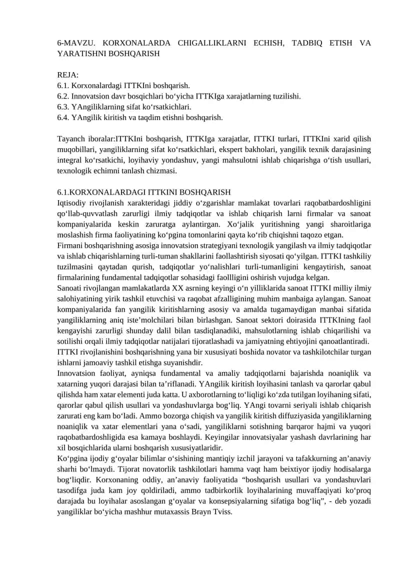 KORXONALARDA CHIGALLIKLARNI ECHISH, TADBIQ ETISH VA YARATISHNI BOSHQARISH 1