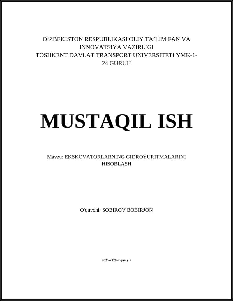 EKSKOVATORLARNING GIDROYURITMALARINI HISOBLASH 1
