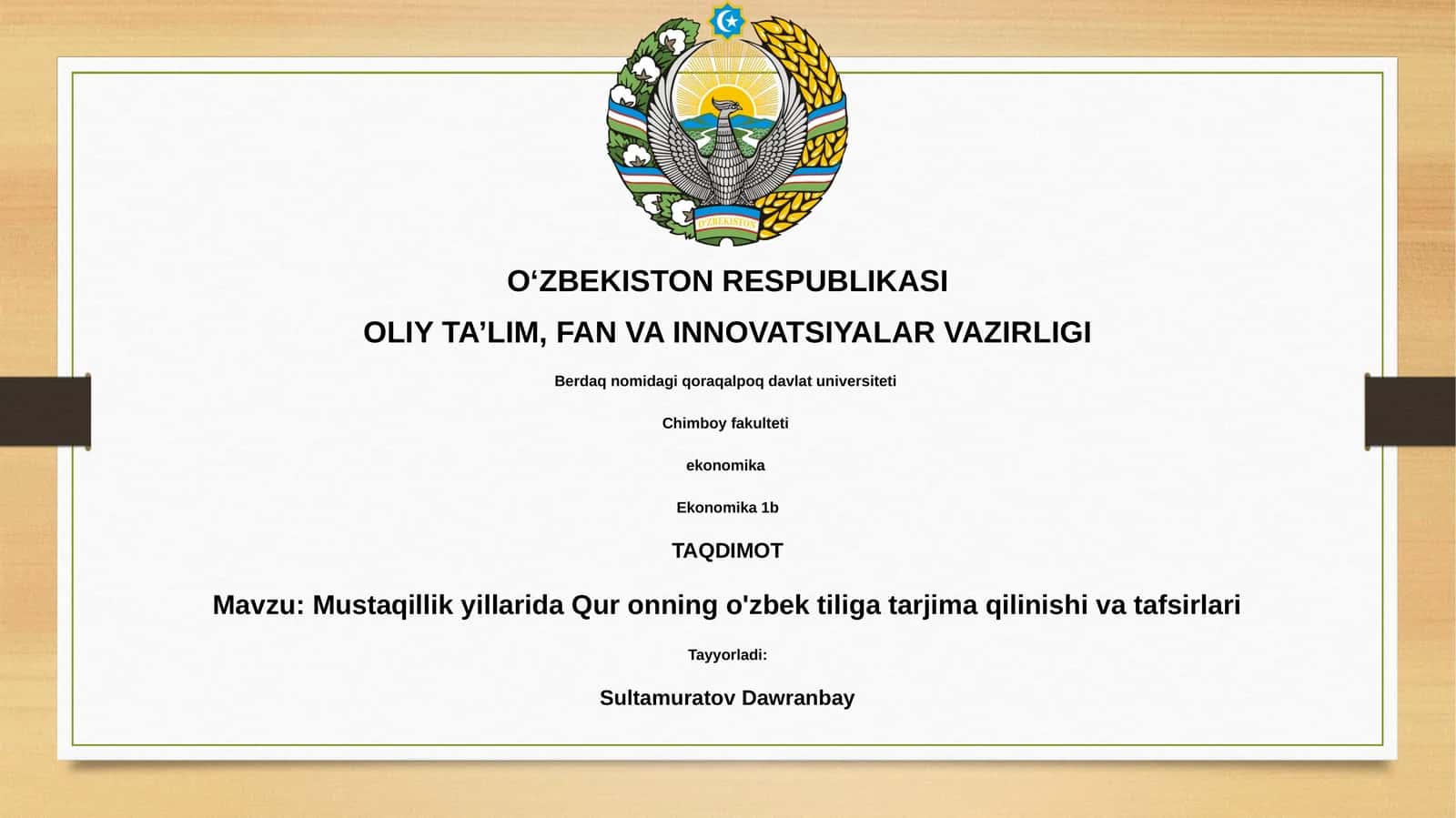 Mustaqillik yillarida Qur onning o'zbek tiliga tarjima qilinishi va tafsirlari 1