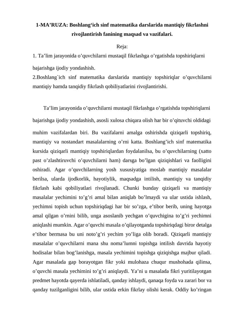 Boshlang‘ich sinf matematika darslarida mantiqiy fikrlashni rivojlantirish 1