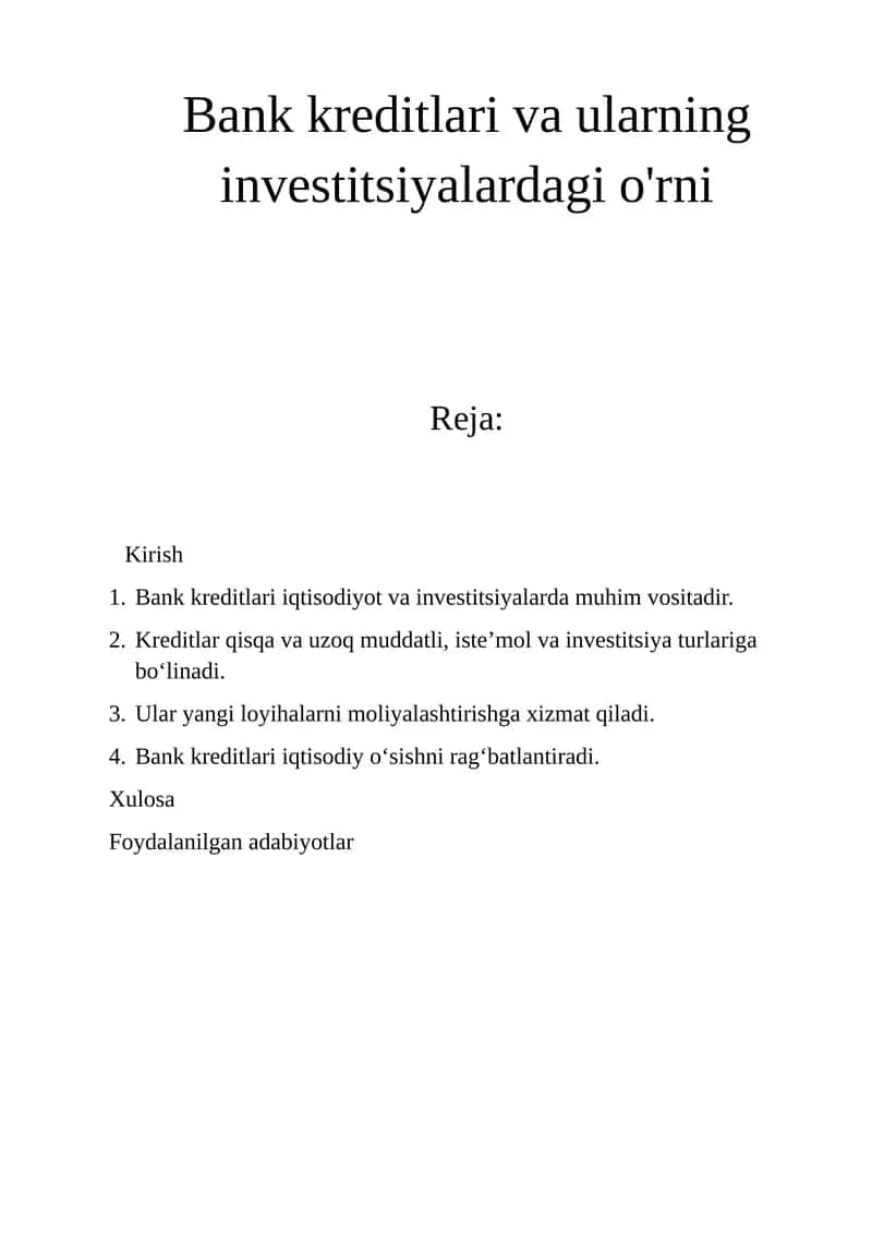 Bank kreditlari va ularning investitsiyalardagi o'rni 1