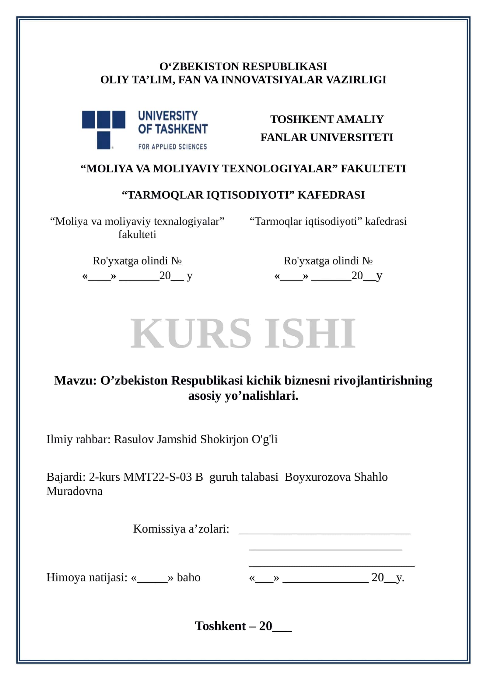 O’zbekiston Respublikasi kichik biznesni rivojlantirishning asosiy yo’nalishlari 1
