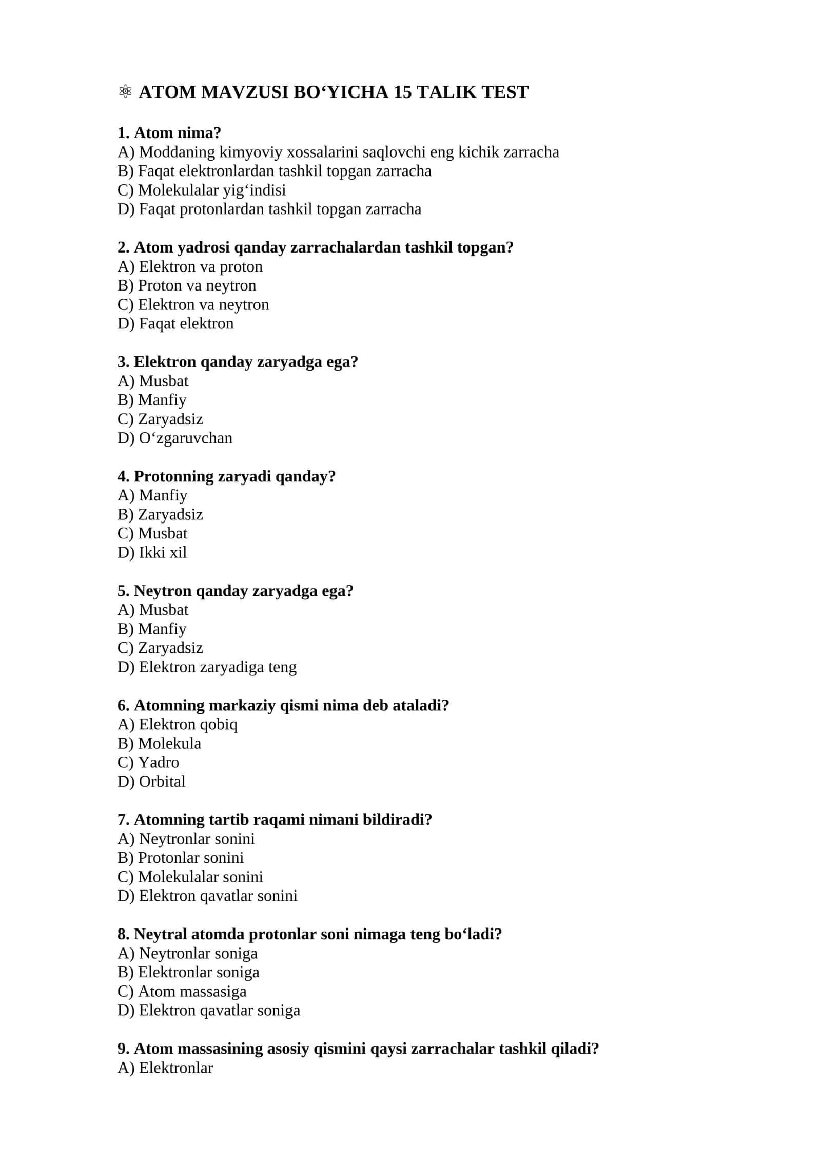 ATOM MAVZUSI BO‘YICHA 15 TALIK TEST 1