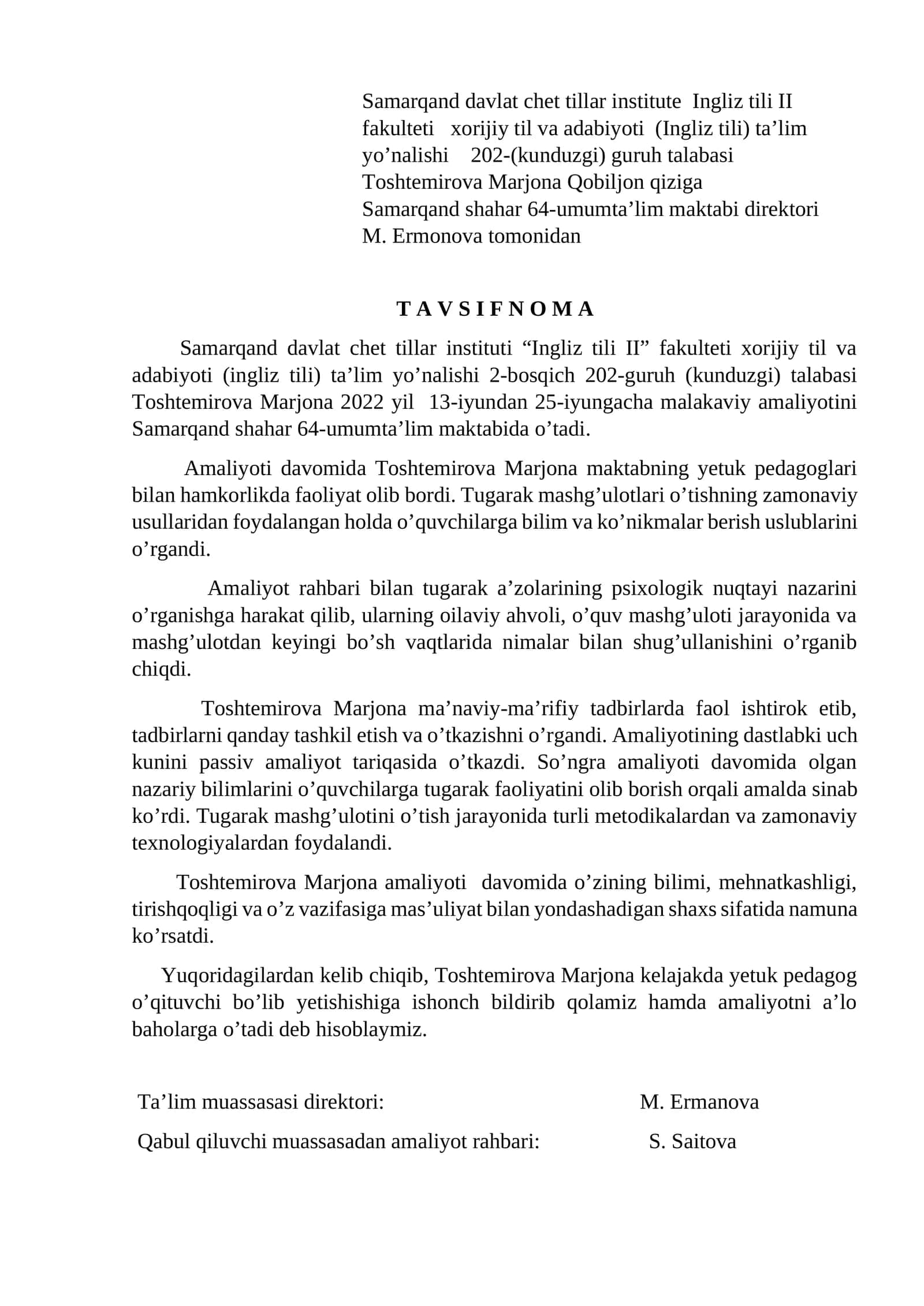 Samarqand davlat chet tillar instituti "Ingliz tili II" fakulteti xorijiy til va adabiyoti (ingliz tili) ta'lim yo'nalishi 2-bosqich 202-guruh 1