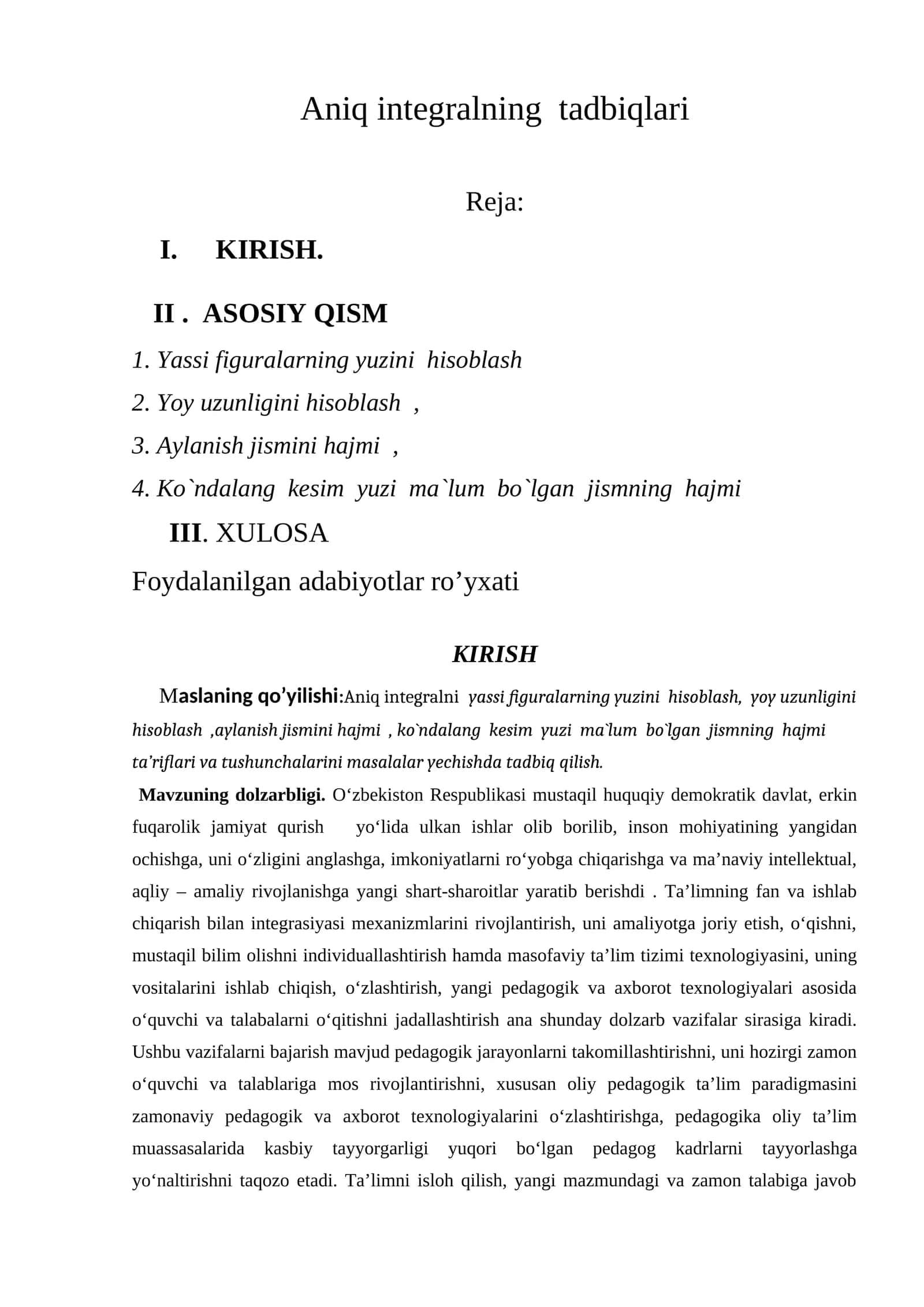 Aniq integralning tadbiqlari 1