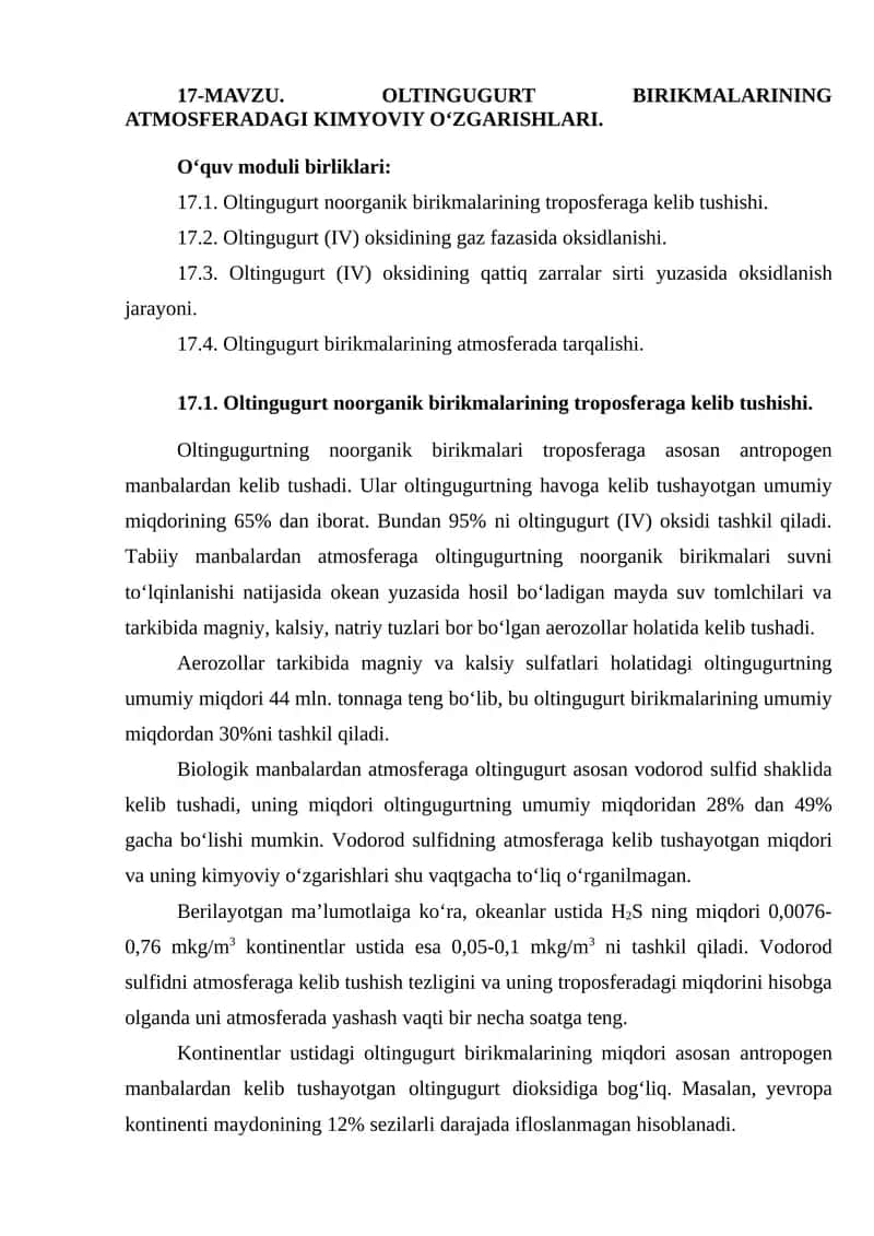 Oltingugurt birikmalarining atmosferadagi kimyoviy o‘zgarishlari 1