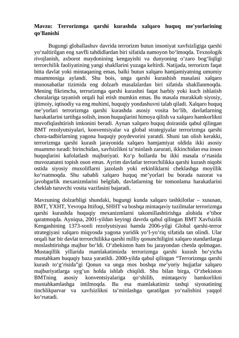 Terrorizmga qarshi kurashda xalqaro huquq me'yorlarining qo'llanishi 1