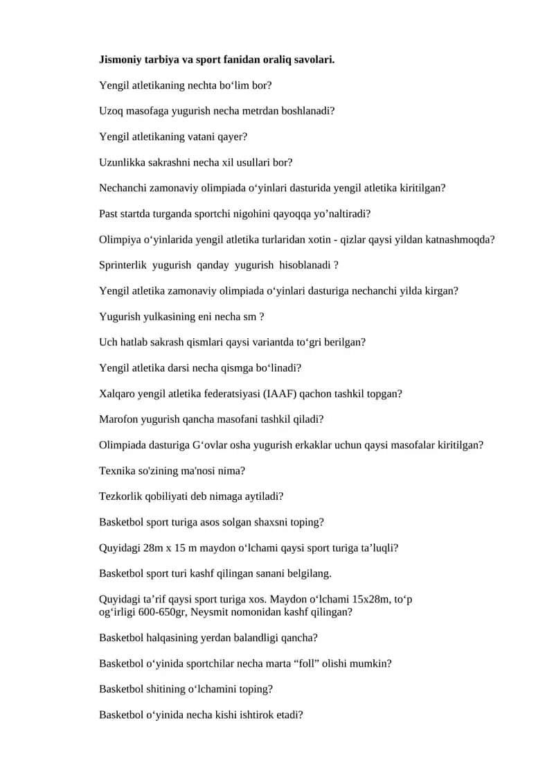 Jismoniy tarbiya va sport fanidan oraliq savolari 1