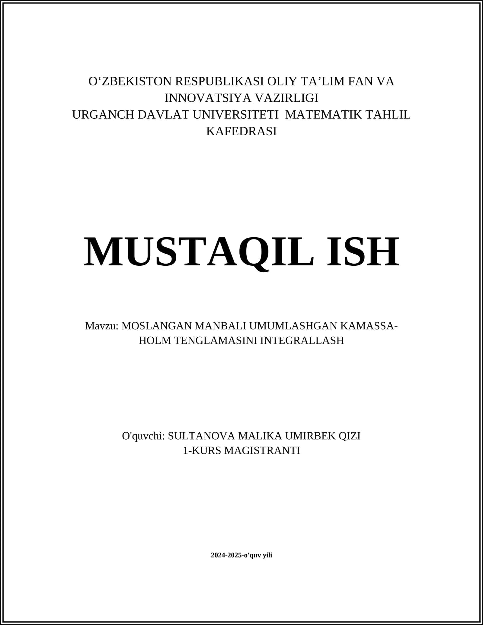 MOSLANGAN MANBALI UMUMLASHGAN KAMASSA-HOLM TENGLAMASI 1