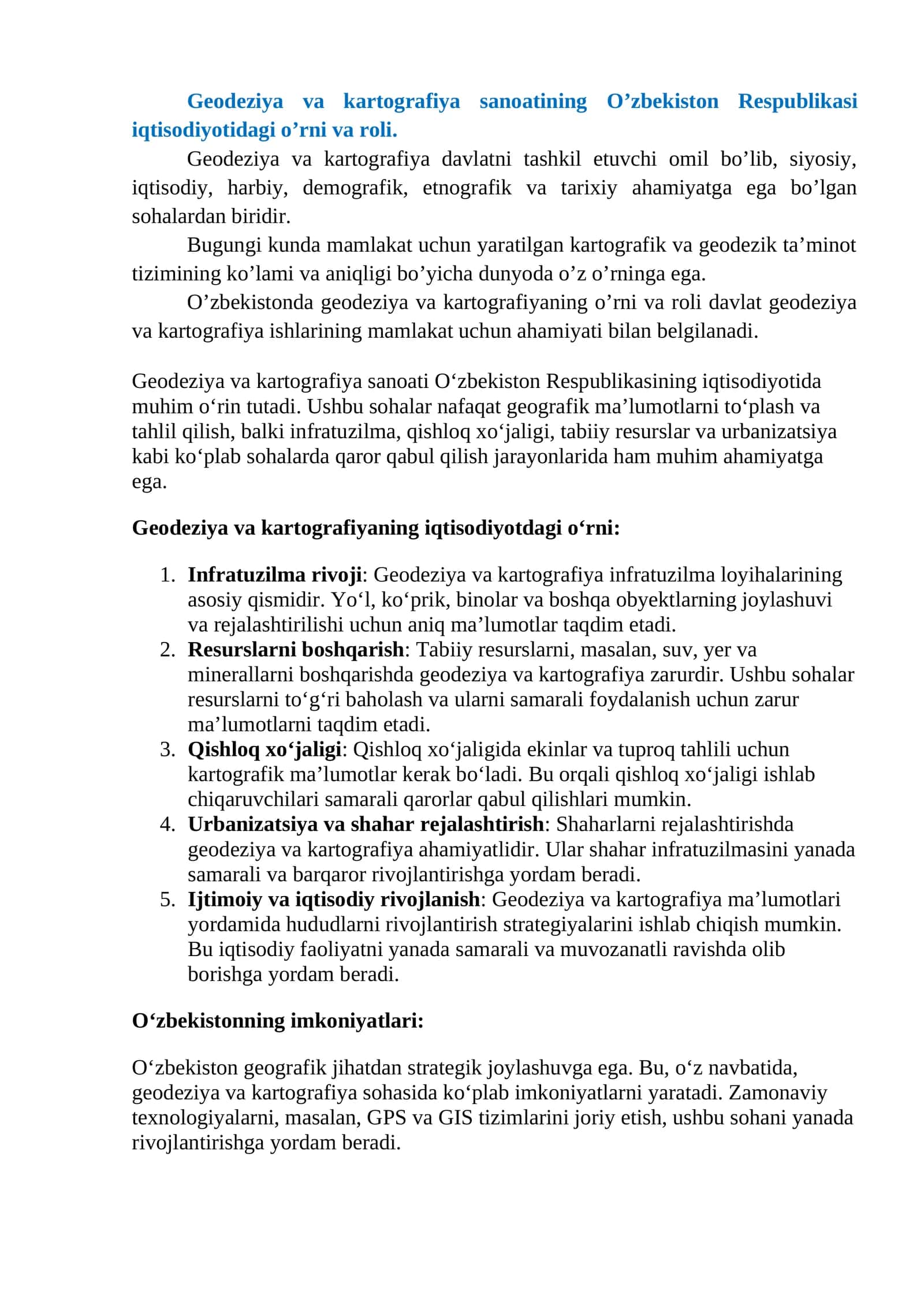 Geodeziya va kartografiya sanoatining O’zbekiston Respublikasi iqtisodiyotidagi o’rni va roli 1